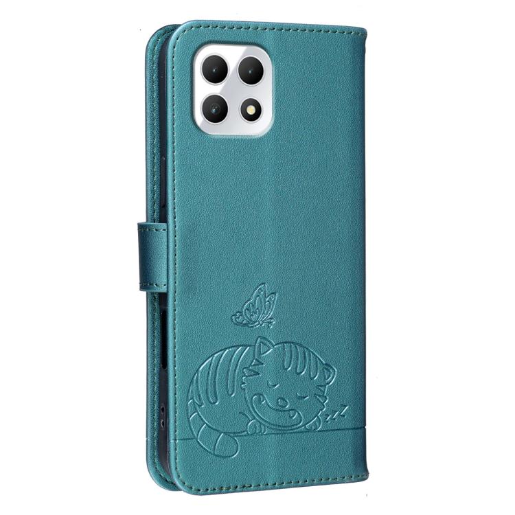 For T-Mobile Revvl 7 Cat Butterfly Embossed RFID Vegan Leather Phone Case with Strap