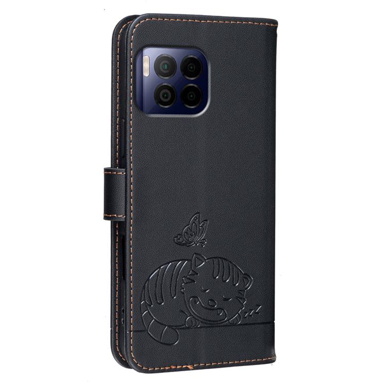 For T-Mobile Revvl 7 Pro Cat Butterfly Embossed RFID Vegan Leather Phone Case with Strap