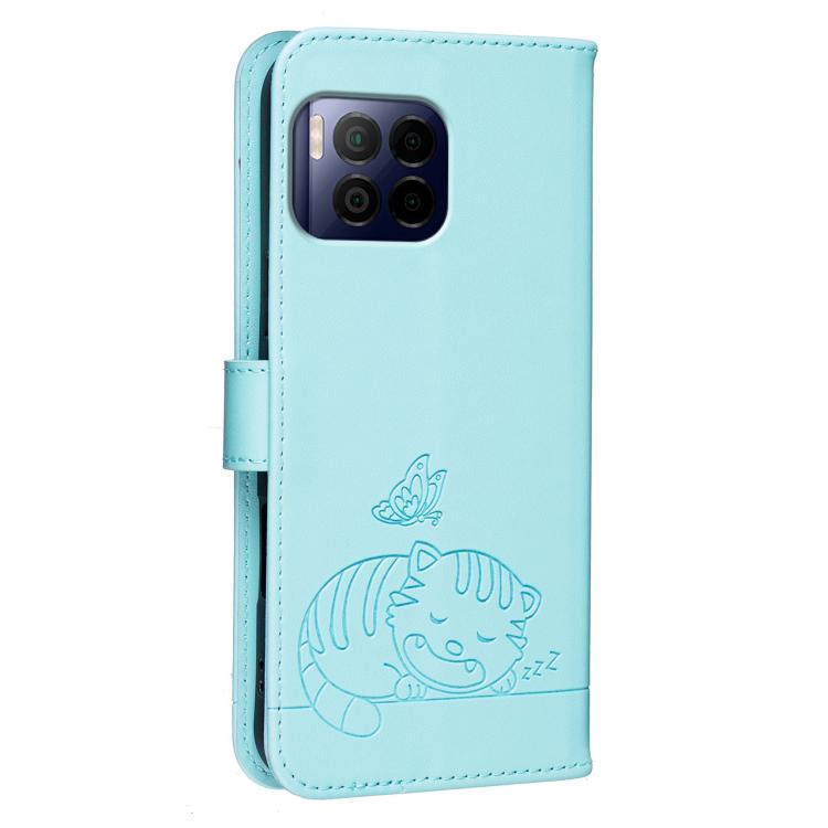 For T-Mobile Revvl 7 Pro Cat Butterfly Embossed RFID Vegan Leather Phone Case with Strap