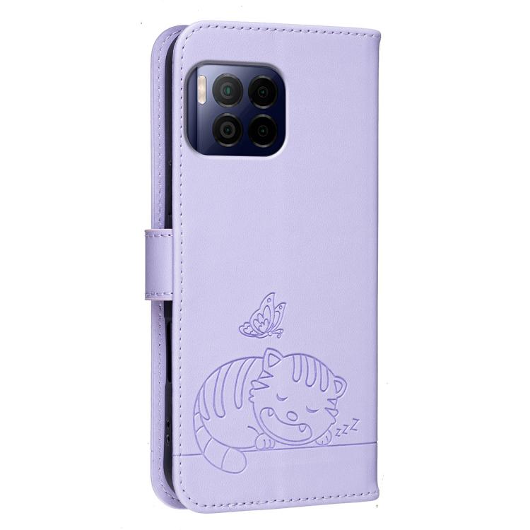 For T-Mobile Revvl 7 Pro Cat Butterfly Embossed RFID Vegan Leather Phone Case with Strap