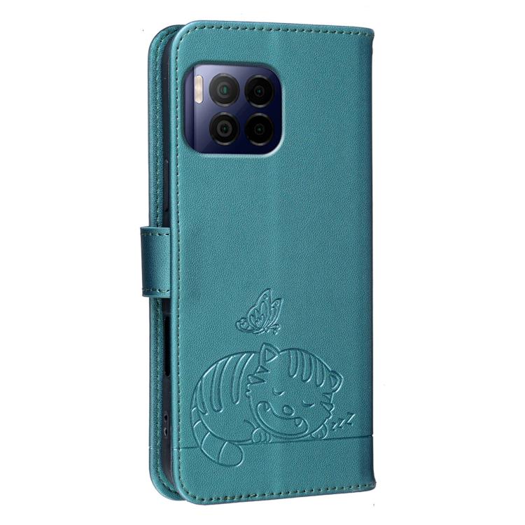 For T-Mobile Revvl 7 Pro Cat Butterfly Embossed RFID Vegan Leather Phone Case with Strap