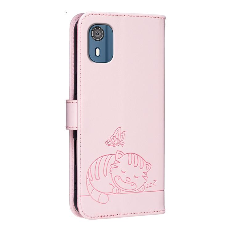 For Nokia C02 Cat Butterfly Embossed RFID Vegan Leather Phone Case with Strap