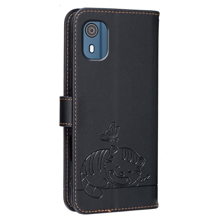 For Nokia C02 Cat Butterfly Embossed RFID Vegan Leather Phone Case with Strap