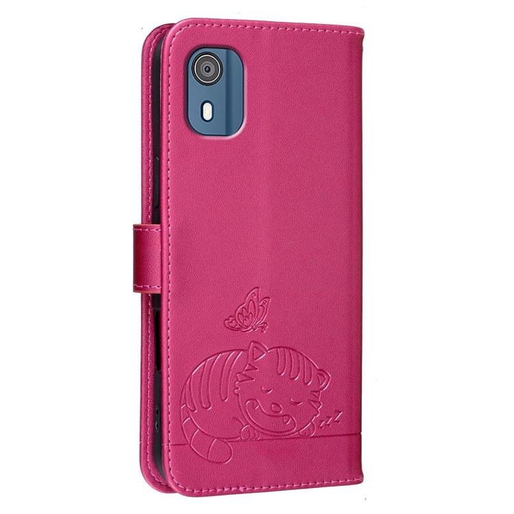 For Nokia C02 Cat Butterfly Embossed RFID Vegan Leather Phone Case with Strap