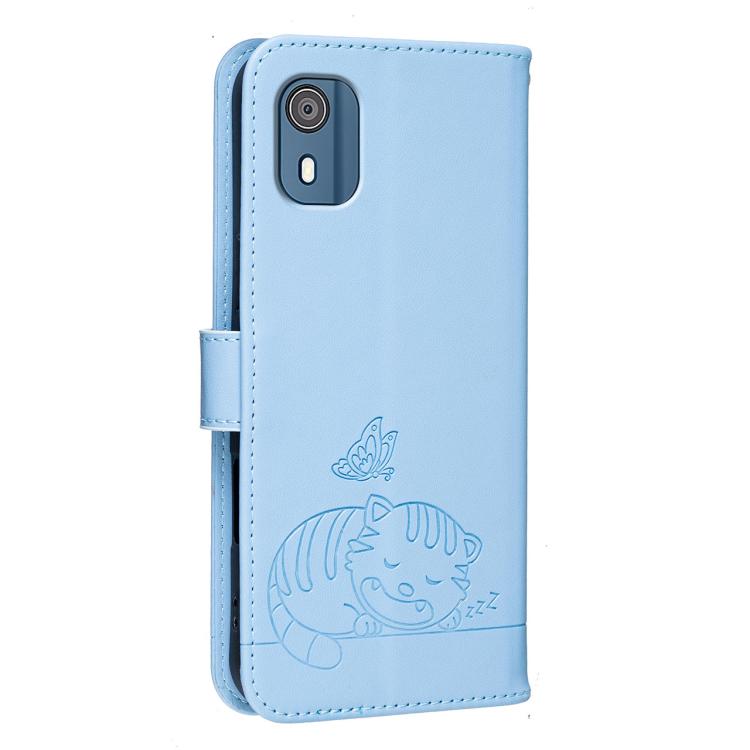 For Nokia C02 Cat Butterfly Embossed RFID Vegan Leather Phone Case with Strap