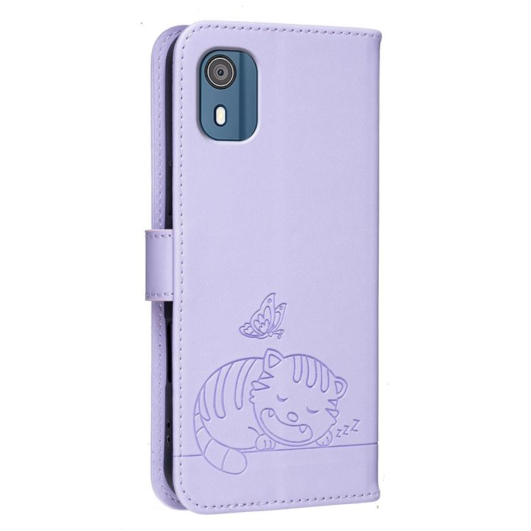For Nokia C02 Cat Butterfly Embossed RFID Vegan Leather Phone Case with Strap