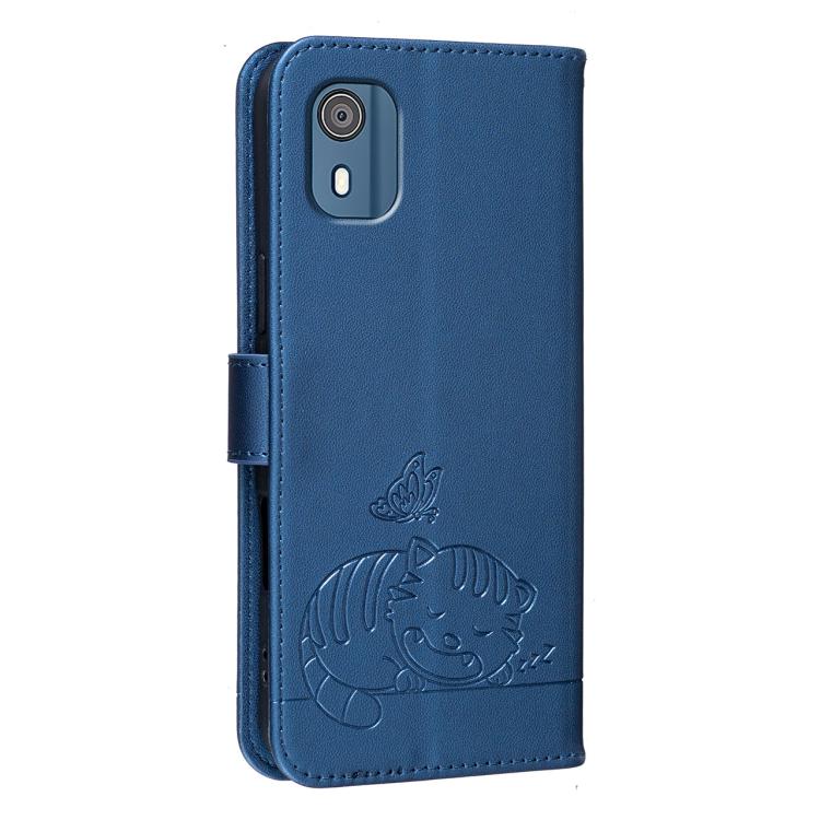 For Nokia C02 Cat Butterfly Embossed RFID Vegan Leather Phone Case with Strap