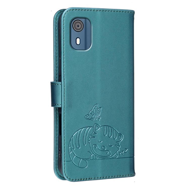 For Nokia C02 Cat Butterfly Embossed RFID Vegan Leather Phone Case with Strap