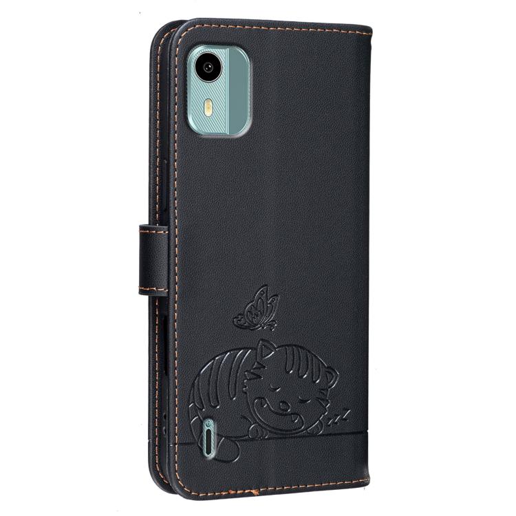 For Nokia C12 Cat Butterfly Embossed RFID Vegan Leather Phone Case with Strap