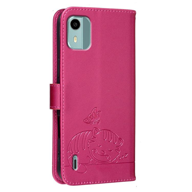 For Nokia C12 Cat Butterfly Embossed RFID Vegan Leather Phone Case with Strap