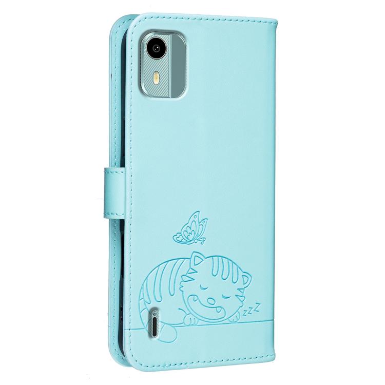 For Nokia C12 Cat Butterfly Embossed RFID Vegan Leather Phone Case with Strap