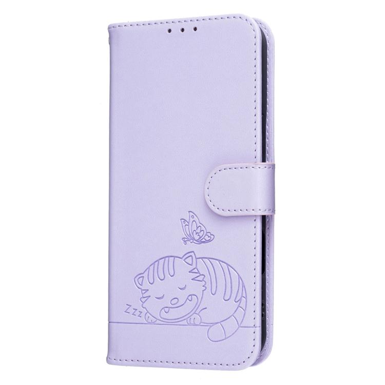 For Nokia C12 Cat Butterfly Embossed RFID Vegan Leather Phone Case with Strap