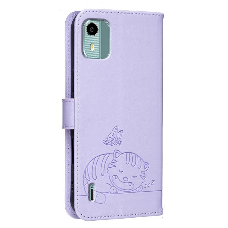 For Nokia C12 Cat Butterfly Embossed RFID Vegan Leather Phone Case with Strap