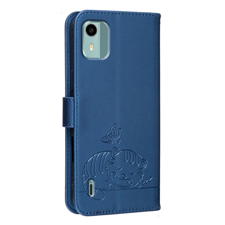 For Nokia C12 Cat Butterfly Embossed RFID Vegan Leather Phone Case with Strap
