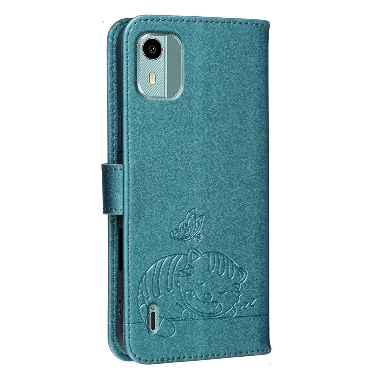 For Nokia C12 Cat Butterfly Embossed RFID Vegan Leather Phone Case with Strap
