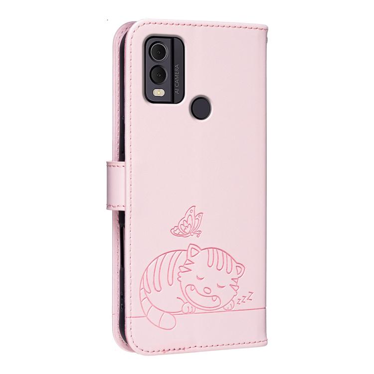 For Nokia C22 Cat Butterfly Embossed RFID Vegan Leather Phone Case with Strap