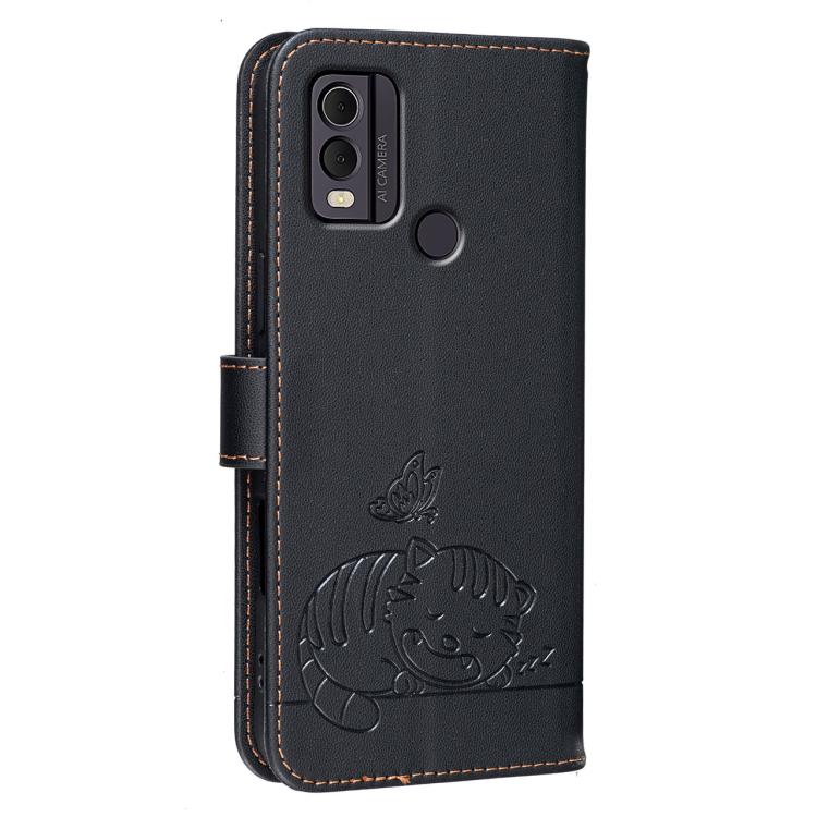 For Nokia C22 Cat Butterfly Embossed RFID Vegan Leather Phone Case with Strap