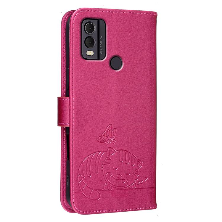 For Nokia C22 Cat Butterfly Embossed RFID Vegan Leather Phone Case with Strap