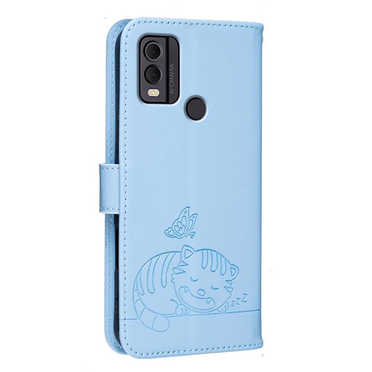 For Nokia C22 Cat Butterfly Embossed RFID Vegan Leather Phone Case with Strap