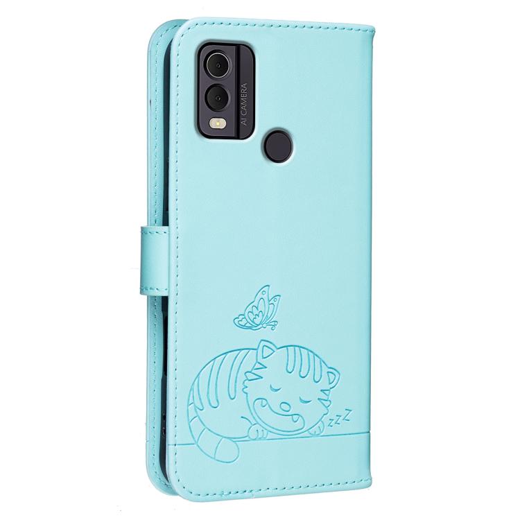 For Nokia C22 Cat Butterfly Embossed RFID Vegan Leather Phone Case with Strap
