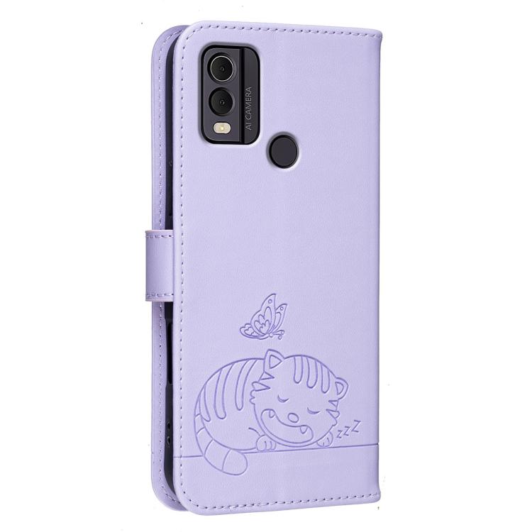 For Nokia C22 Cat Butterfly Embossed RFID Vegan Leather Phone Case with Strap