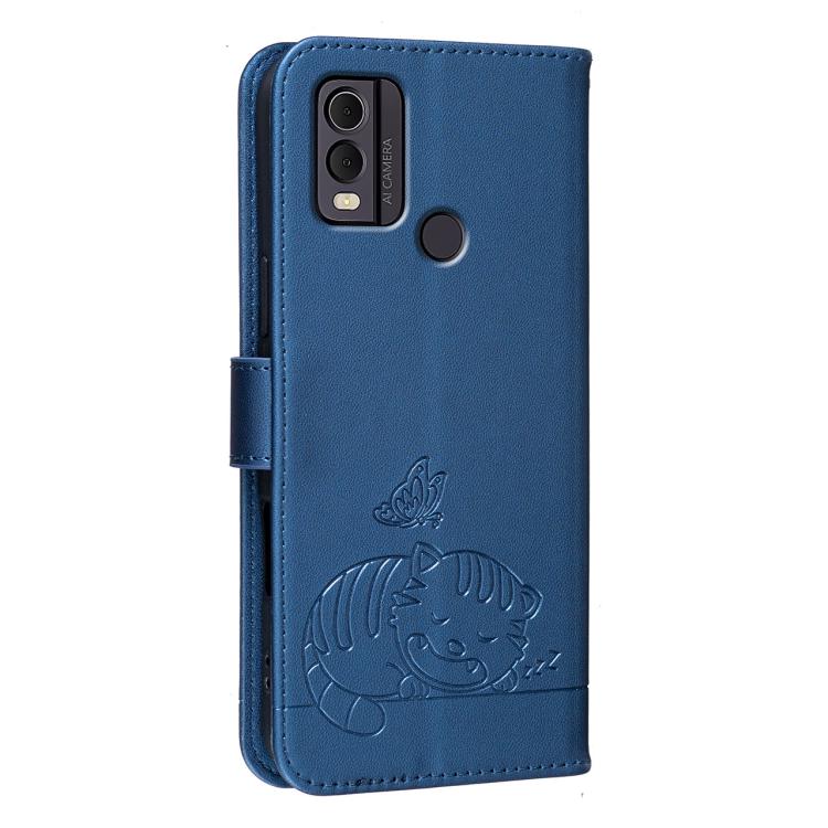 For Nokia C22 Cat Butterfly Embossed RFID Vegan Leather Phone Case with Strap