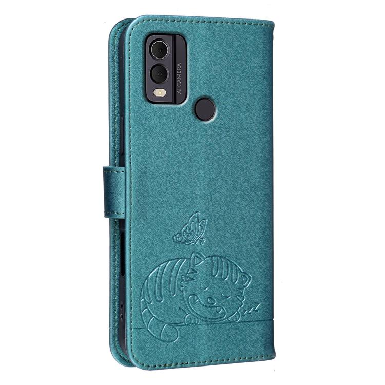 For Nokia C22 Cat Butterfly Embossed RFID Vegan Leather Phone Case with Strap