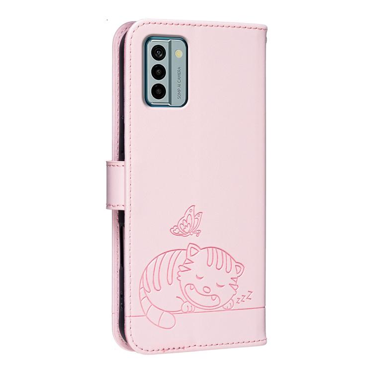For Nokia G22 Cat Butterfly Embossed RFID Vegan Leather Phone Case with Strap