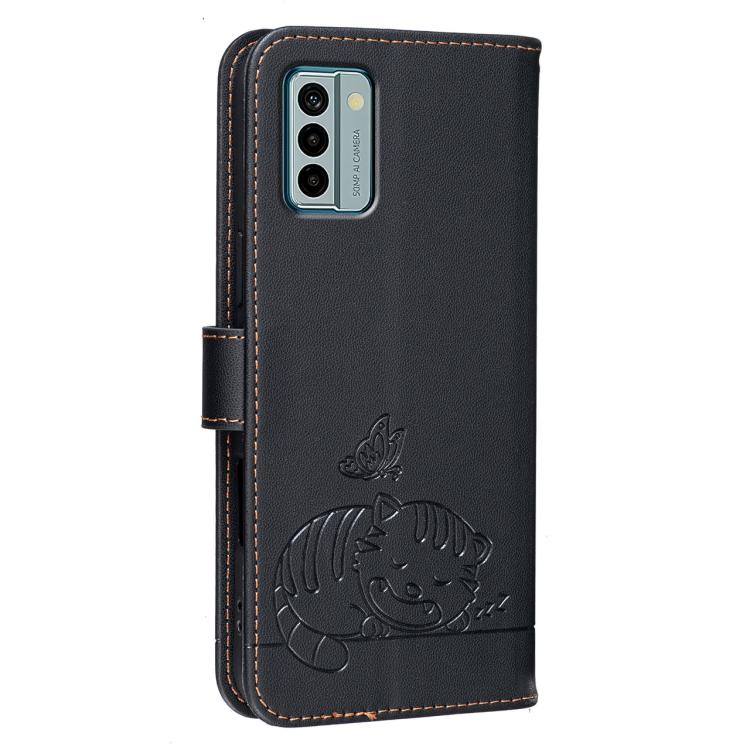 For Nokia G22 Cat Butterfly Embossed RFID Vegan Leather Phone Case with Strap