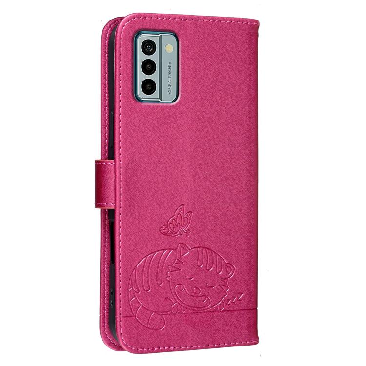 For Nokia G22 Cat Butterfly Embossed RFID Vegan Leather Phone Case with Strap