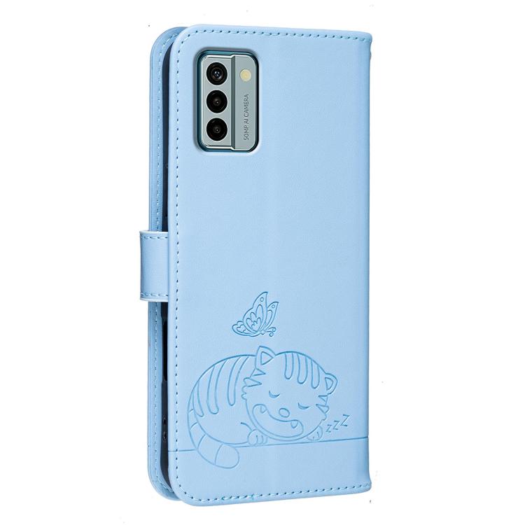 For Nokia G22 Cat Butterfly Embossed RFID Vegan Leather Phone Case with Strap
