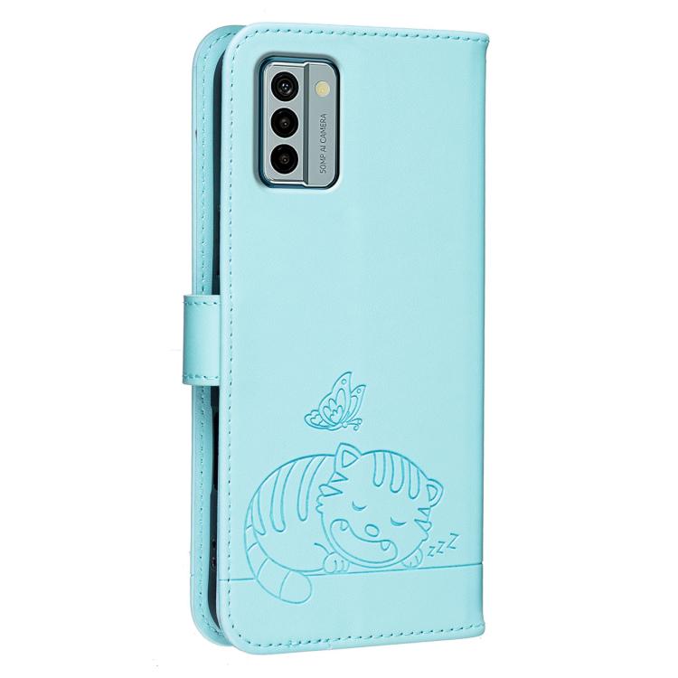 For Nokia G22 Cat Butterfly Embossed RFID Vegan Leather Phone Case with Strap