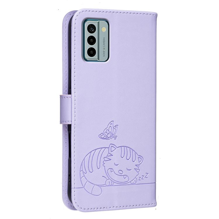 For Nokia G22 Cat Butterfly Embossed RFID Vegan Leather Phone Case with Strap