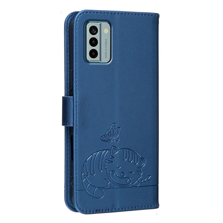 For Nokia G22 Cat Butterfly Embossed RFID Vegan Leather Phone Case with Strap