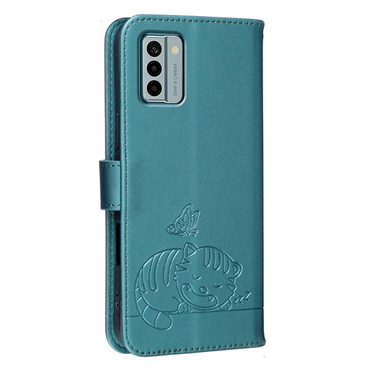 For Nokia G22 Cat Butterfly Embossed RFID Vegan Leather Phone Case with Strap