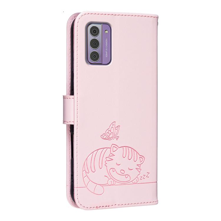 For Nokia G42 Cat Butterfly Embossed RFID Vegan Leather Phone Case with Strap