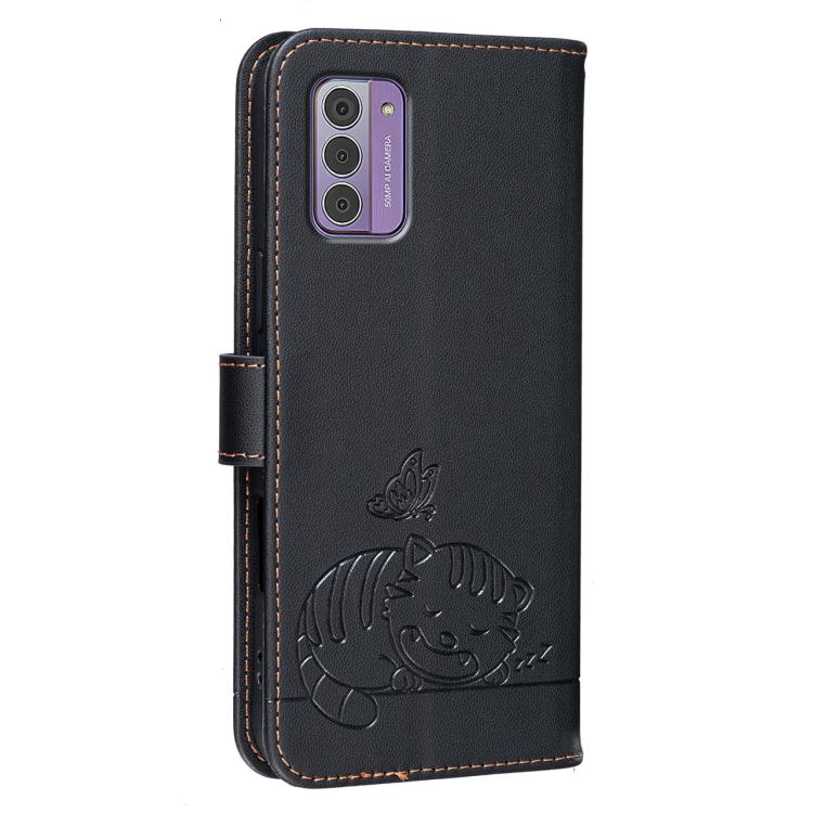 For Nokia G42 Cat Butterfly Embossed RFID Vegan Leather Phone Case with Strap