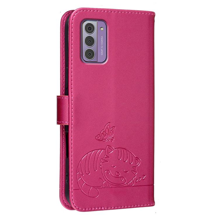 For Nokia G42 Cat Butterfly Embossed RFID Vegan Leather Phone Case with Strap