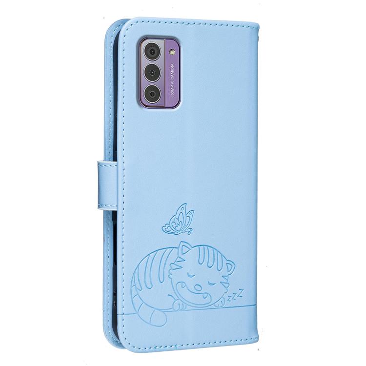 For Nokia G42 Cat Butterfly Embossed RFID Vegan Leather Phone Case with Strap