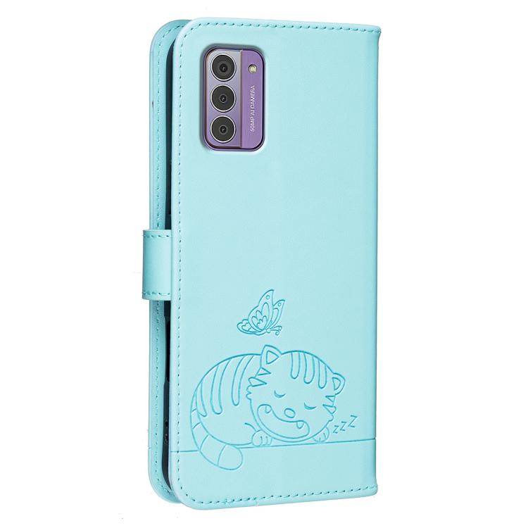 For Nokia G42 Cat Butterfly Embossed RFID Vegan Leather Phone Case with Strap