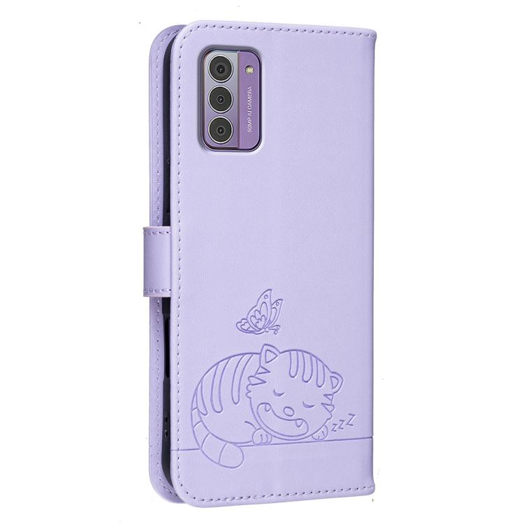 For Nokia G42 Cat Butterfly Embossed RFID Vegan Leather Phone Case with Strap