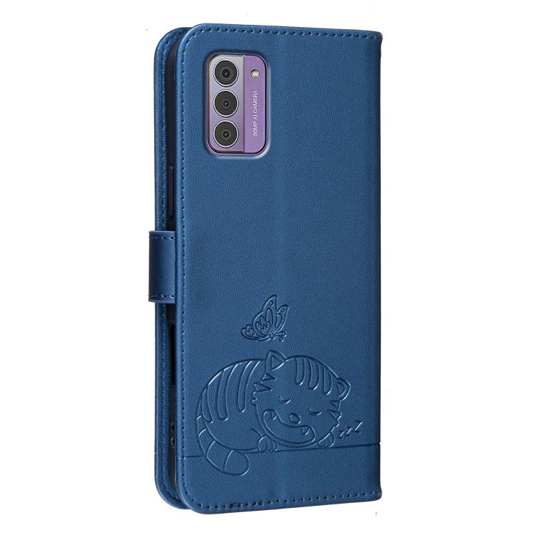 For Nokia G42 Cat Butterfly Embossed RFID Vegan Leather Phone Case with Strap