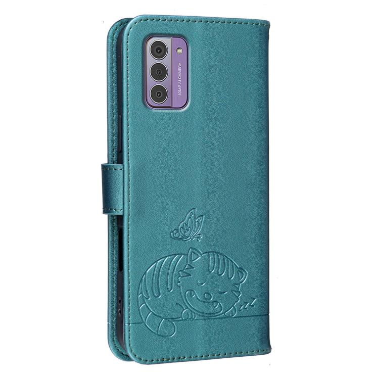 For Nokia G42 Cat Butterfly Embossed RFID Vegan Leather Phone Case with Strap
