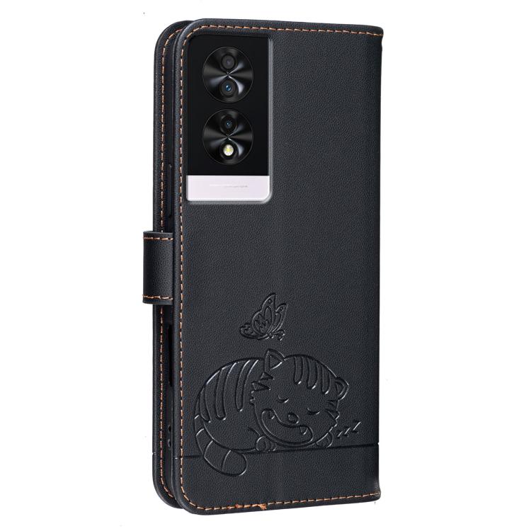 For TCL 40 NXTpaper 4G Cat Butterfly Embossed RFID Vegan Leather Phone Case with Strap