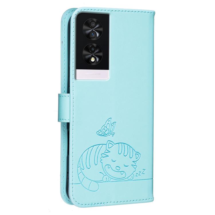 For TCL 40 NXTpaper 4G Cat Butterfly Embossed RFID Vegan Leather Phone Case with Strap