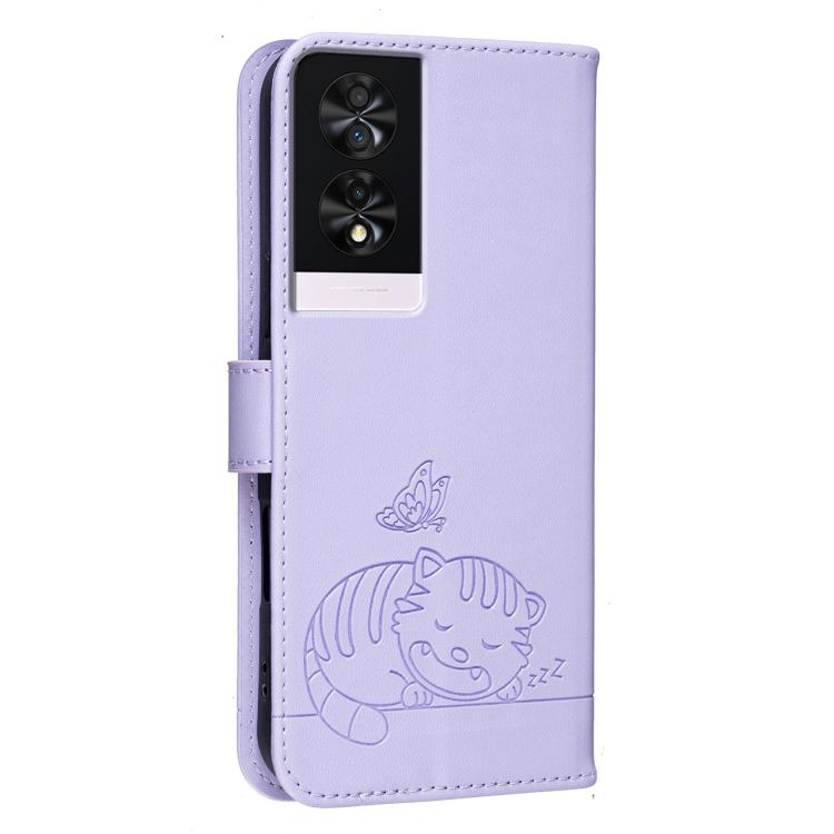 For TCL 40 NXTpaper 4G Cat Butterfly Embossed RFID Vegan Leather Phone Case with Strap