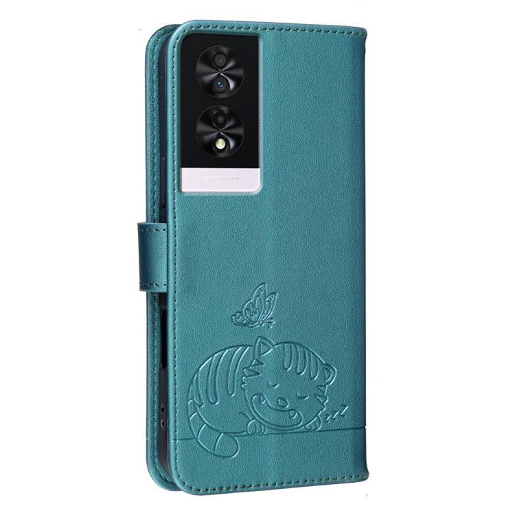 For TCL 40 NXTpaper 4G Cat Butterfly Embossed RFID Vegan Leather Phone Case with Strap