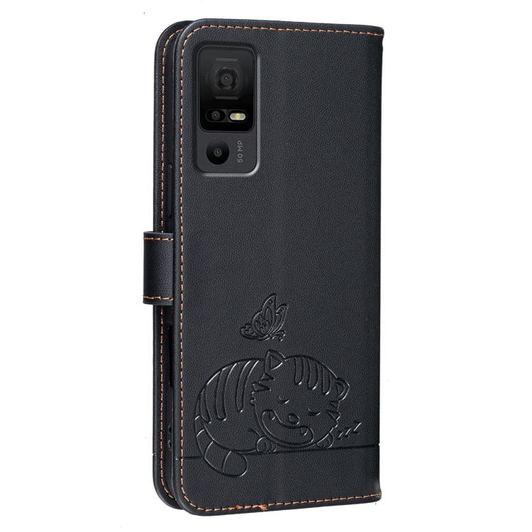 For TCL 40 NXTpaper 5G Cat Butterfly Embossed RFID Vegan Leather Phone Case with Strap