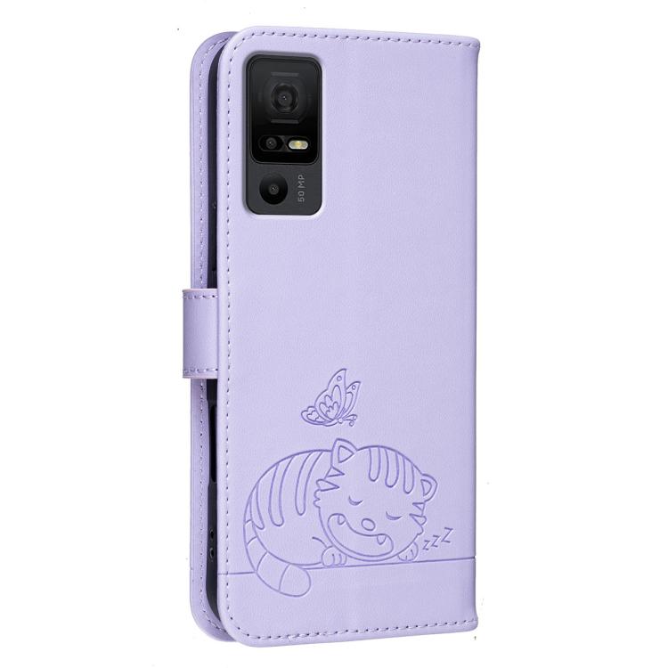 For TCL 40 NXTpaper 5G Cat Butterfly Embossed RFID Vegan Leather Phone Case with Strap