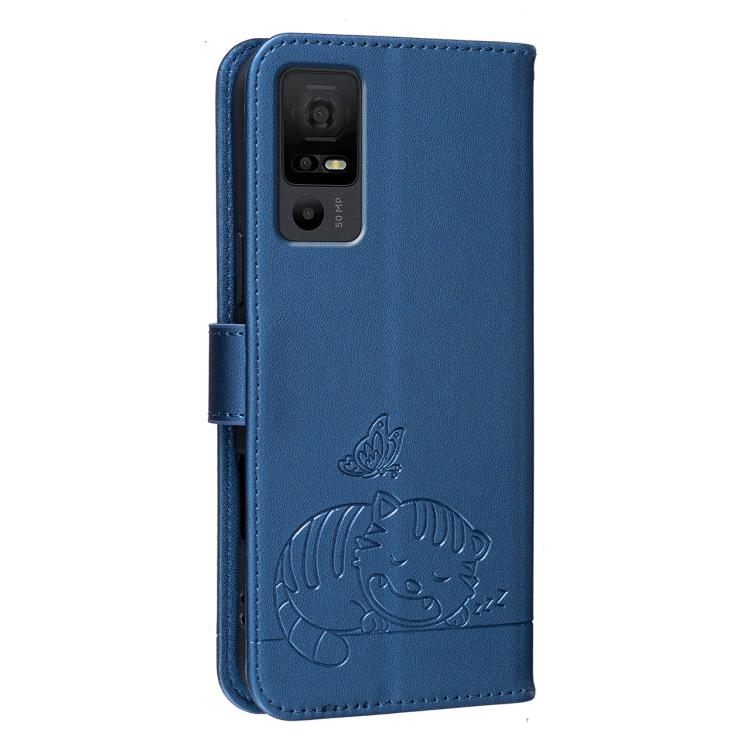 For TCL 40 NXTpaper 5G Cat Butterfly Embossed RFID Vegan Leather Phone Case with Strap